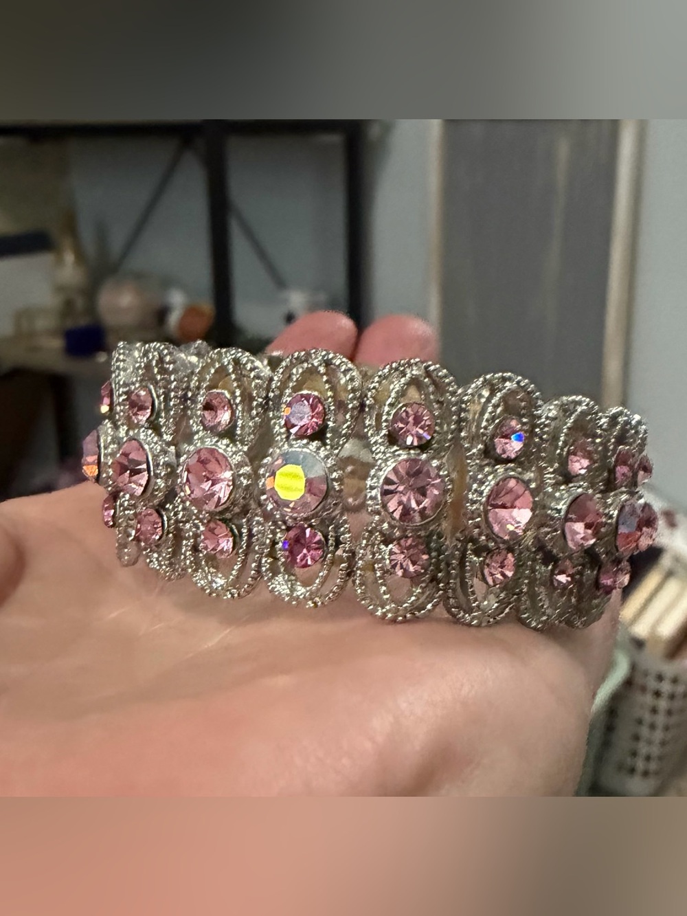 Vintage Pink Crystal Stretch Bracelet with Silver-Tone Filigree